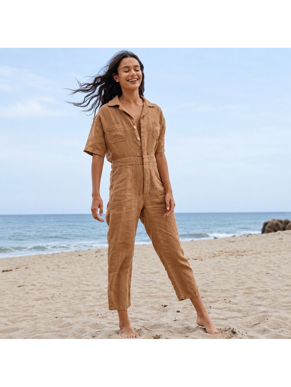 MATE The Linen Utility Jumpsuit Tan Short Sleeve Button Front Cargo Size XS EUC
